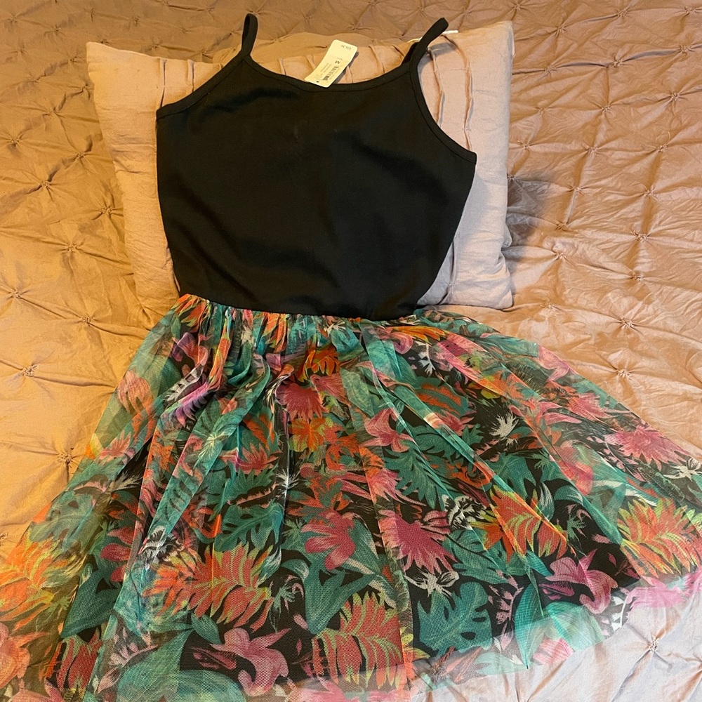 Rumm American Kids Wear Girls Black Tank Dress with Floral Tulle Skirt. Size M.